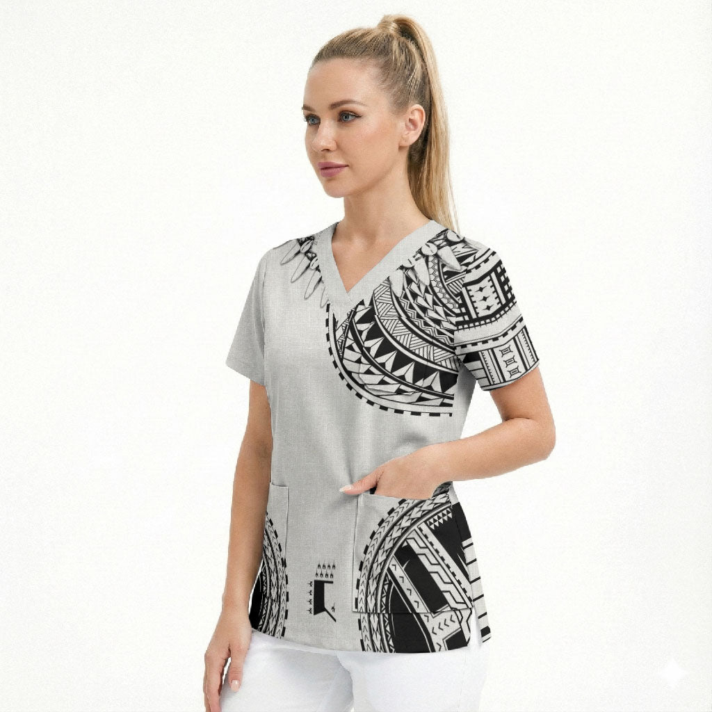 Polynesian Chief Inspired Costume Scrub Top Tribal Pattern With Tooth Necklace White LT05 - Polynesian Pride