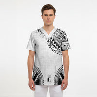 Polynesian Chief Inspired Costume Scrub Top Tribal Pattern With Tooth Necklace White LT05 - Polynesian Pride