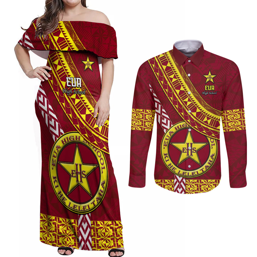 Custom Eua High School Couples Matching Off Shoulder Maxi Dress and Long Sleeve Button Shirts Tongan Kupesi Pattern LT05 Red - Polynesian Pride