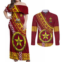 Custom Eua High School Couples Matching Off Shoulder Maxi Dress and Long Sleeve Button Shirts Tongan Kupesi Pattern LT05 Red - Polynesian Pride
