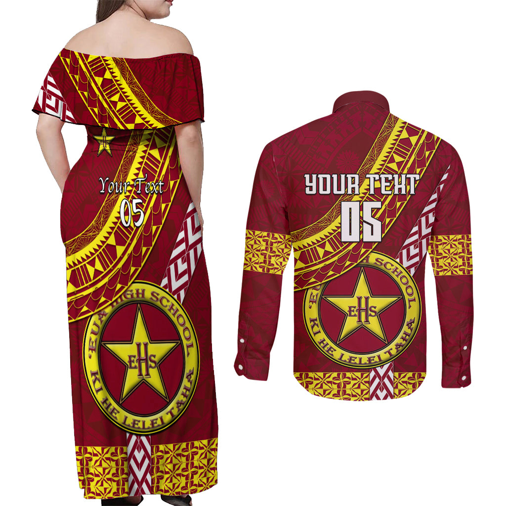 Custom Eua High School Couples Matching Off Shoulder Maxi Dress and Long Sleeve Button Shirts Tongan Kupesi Pattern LT05 - Polynesian Pride