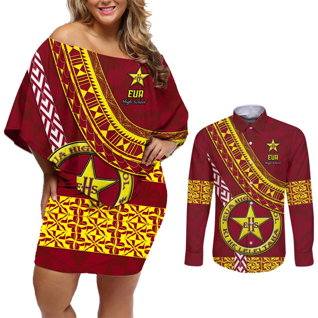 Custom Eua High School Couples Matching Off Shoulder Short Dress and Long Sleeve Button Shirts Tongan Kupesi Pattern LT05 Red - Polynesian Pride