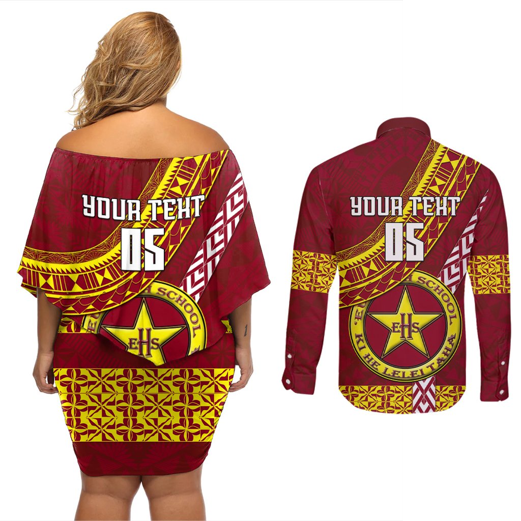 Custom Eua High School Couples Matching Off Shoulder Short Dress and Long Sleeve Button Shirts Tongan Kupesi Pattern LT05 - Polynesian Pride