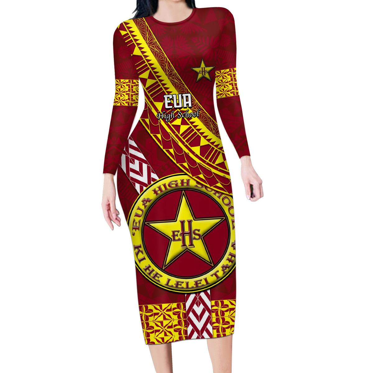 Custom Eua High School Long Sleeve Bodycon Dress Tongan Kupesi Pattern LT05 Long Dress Red - Polynesian Pride