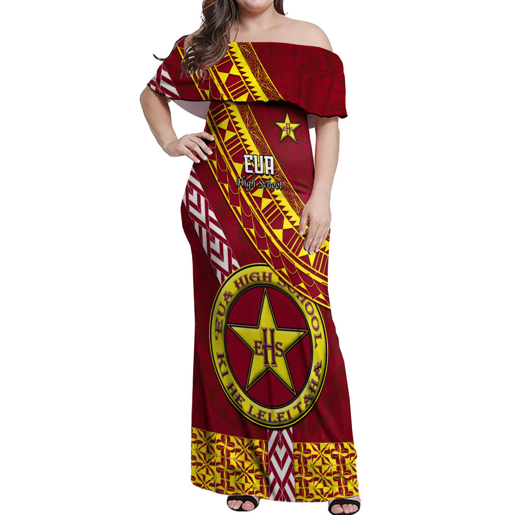 Custom Eua High School Off Shoulder Maxi Dress Tongan Kupesi Pattern LT05 Women Red - Polynesian Pride