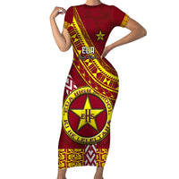 Custom Eua High School Short Sleeve Bodycon Dress Tongan Kupesi Pattern LT05 Long Dress Red - Polynesian Pride