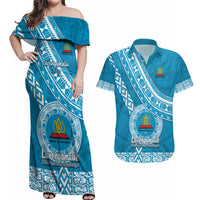 Custom Lavengamalie College Couples Matching Off Shoulder Maxi Dress and Hawaiian Shirt Tongan Kupesi Pattern LT05 Blue - Polynesian Pride