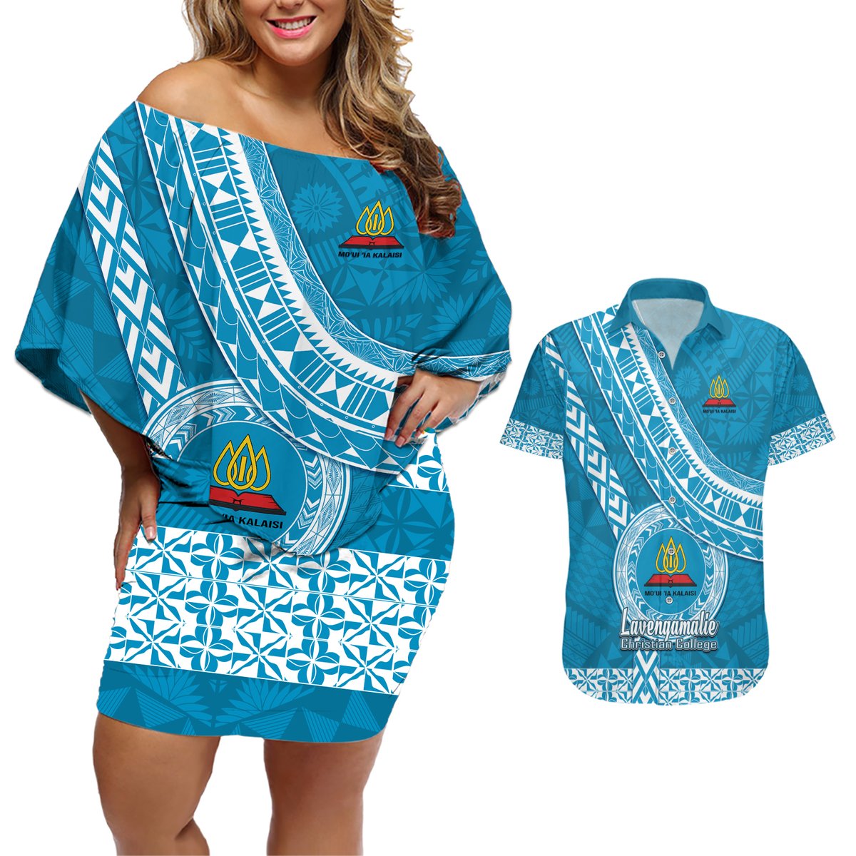 Custom Lavengamalie College Couples Matching Off Shoulder Short Dress and Hawaiian Shirt Tongan Kupesi Pattern LT05 Blue - Polynesian Pride
