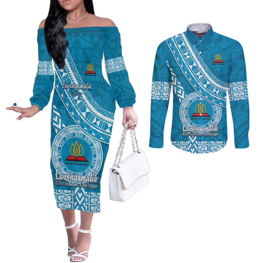 Custom Lavengamalie College Couples Matching Off The Shoulder Long Sleeve Dress and Long Sleeve Button Shirts Tongan Kupesi Pattern LT05 Blue - Polynesian Pride