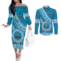 Custom Lavengamalie College Couples Matching Off The Shoulder Long Sleeve Dress and Long Sleeve Button Shirts Tongan Kupesi Pattern LT05 Blue - Polynesian Pride