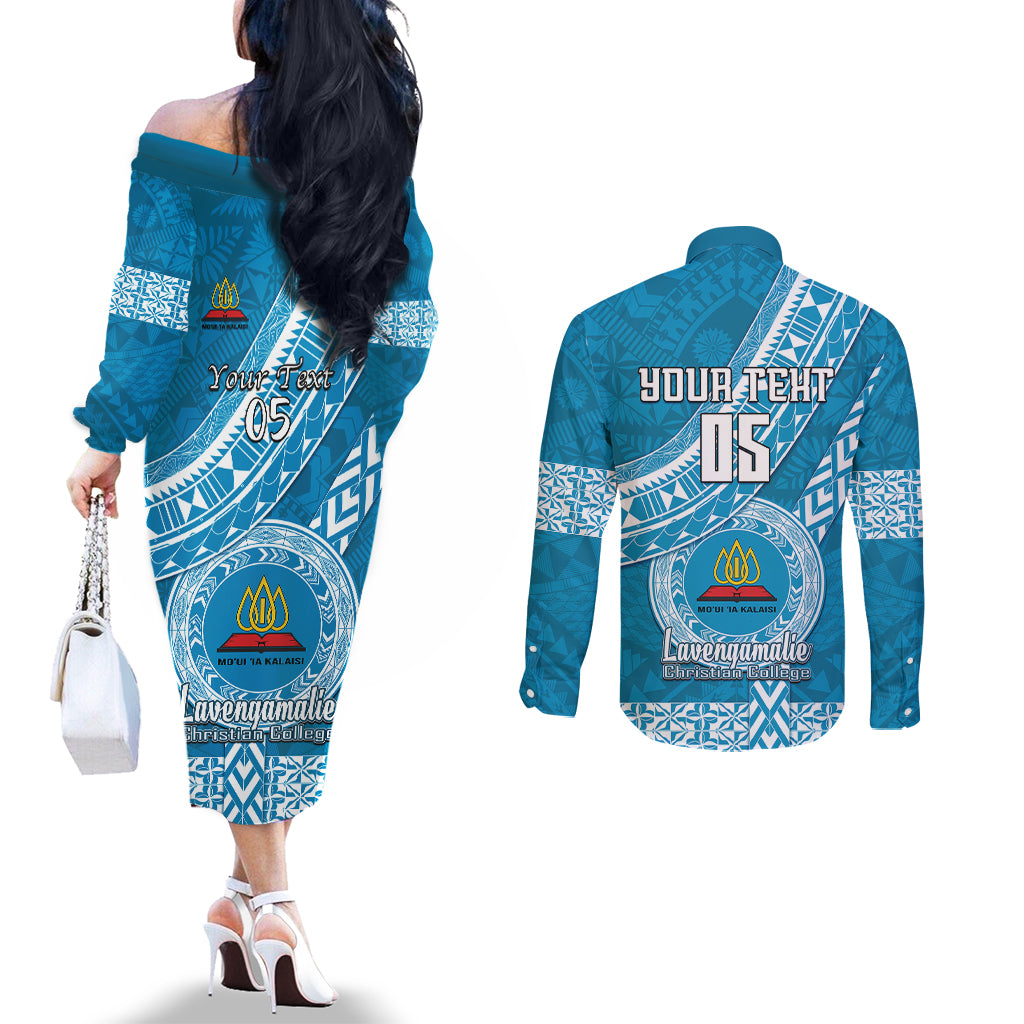 Custom Lavengamalie College Couples Matching Off The Shoulder Long Sleeve Dress and Long Sleeve Button Shirts Tongan Kupesi Pattern LT05 - Polynesian Pride