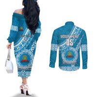 Custom Lavengamalie College Couples Matching Off The Shoulder Long Sleeve Dress and Long Sleeve Button Shirts Tongan Kupesi Pattern LT05 - Polynesian Pride