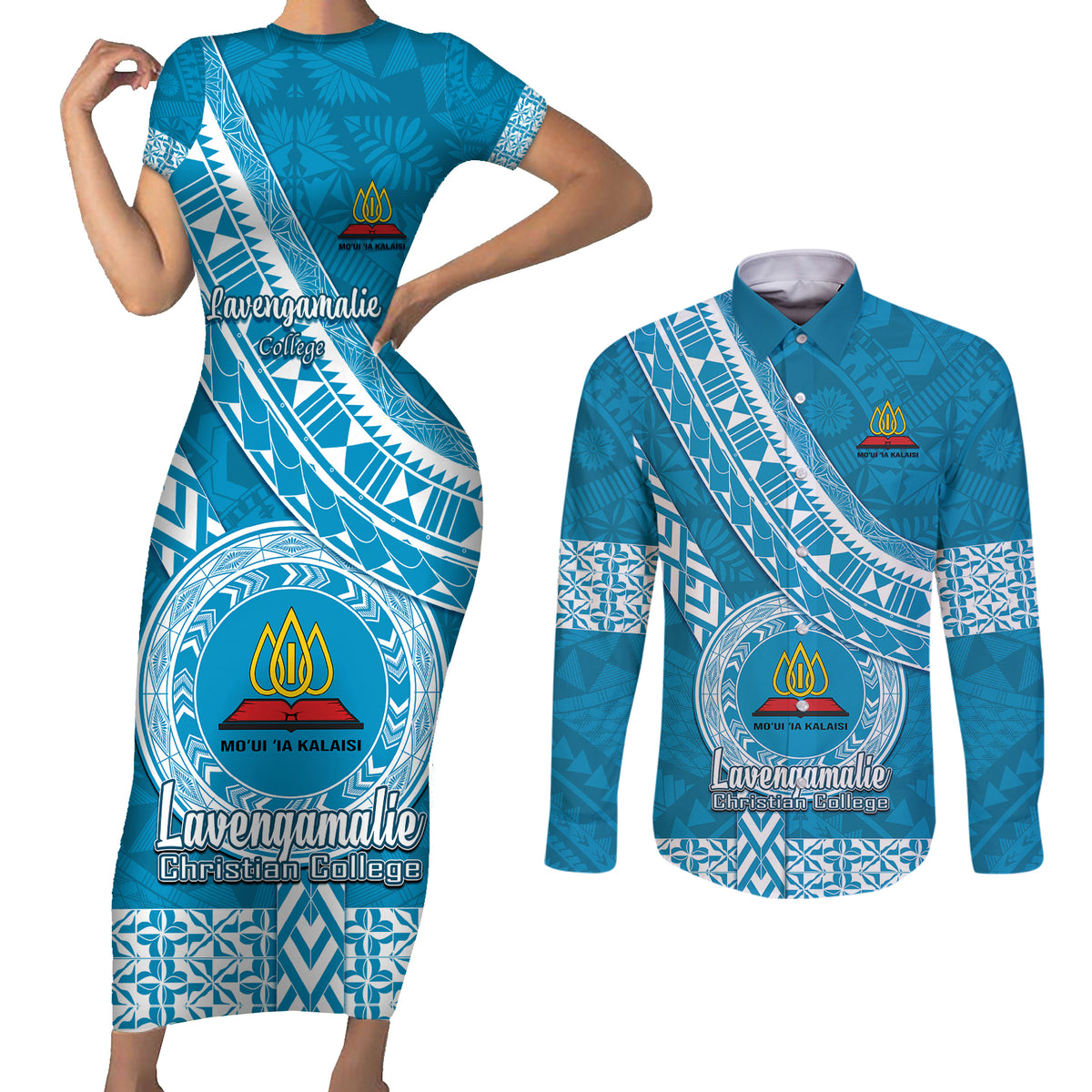 Custom Lavengamalie College Couples Matching Short Sleeve Bodycon Dress and Long Sleeve Button Shirts Tongan Kupesi Pattern LT05 Blue - Polynesian Pride