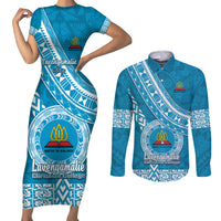 Custom Lavengamalie College Couples Matching Short Sleeve Bodycon Dress and Long Sleeve Button Shirts Tongan Kupesi Pattern LT05 Blue - Polynesian Pride