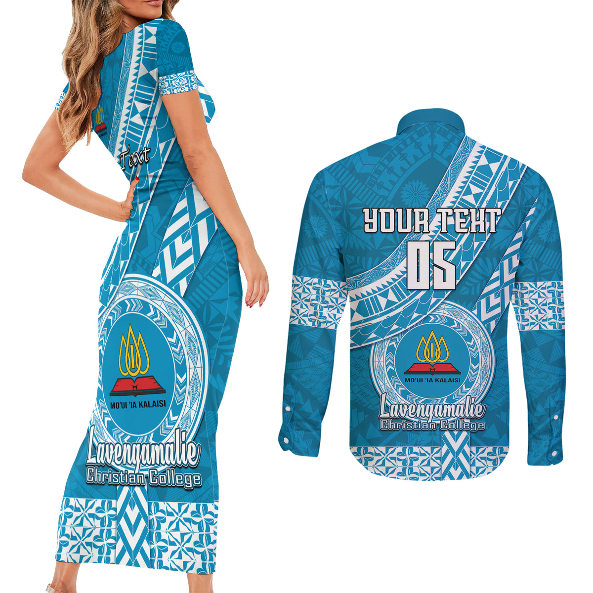 Custom Lavengamalie College Couples Matching Short Sleeve Bodycon Dress and Long Sleeve Button Shirts Tongan Kupesi Pattern LT05 - Polynesian Pride