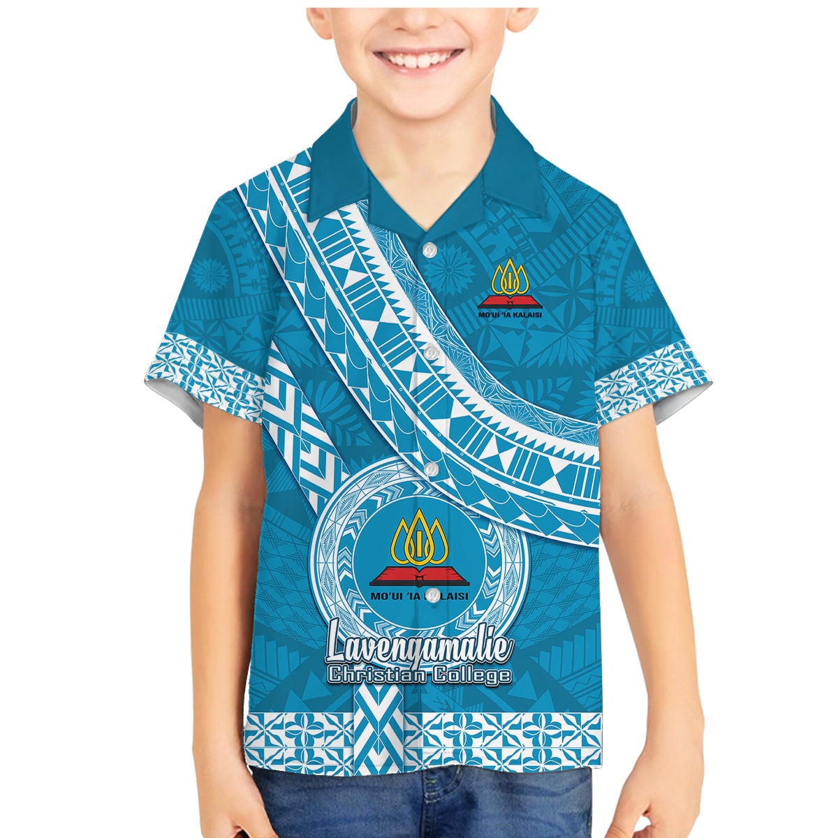 Custom Lavengamalie College Family Matching Mermaid Dress and Hawaiian Shirt Tongan Kupesi Pattern LT05 Son's Shirt Blue - Polynesian Pride