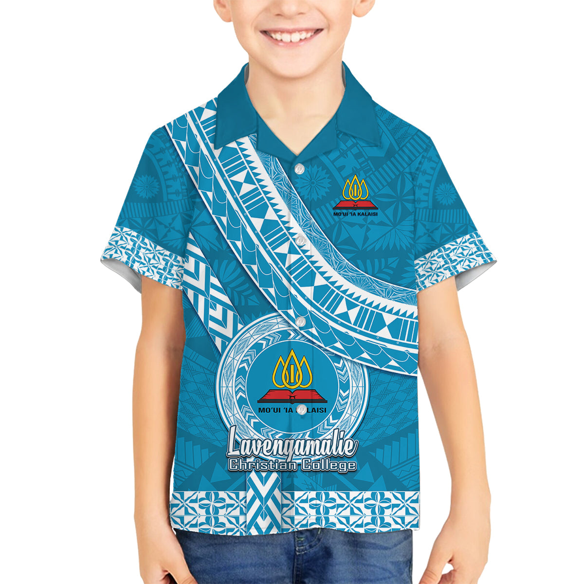 Custom Lavengamalie College Family Matching Tank Maxi Dress and Hawaiian Shirt Tongan Kupesi Pattern LT05 Son's Shirt Blue - Polynesian Pride