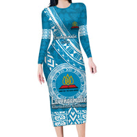 Custom Lavengamalie College Long Sleeve Bodycon Dress Tongan Kupesi Pattern LT05 Long Dress Blue - Polynesian Pride