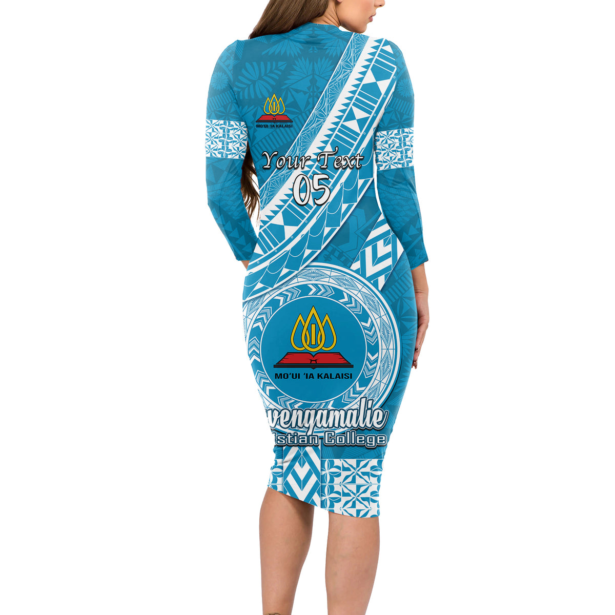 Custom Lavengamalie College Long Sleeve Bodycon Dress Tongan Kupesi Pattern LT05 - Polynesian Pride