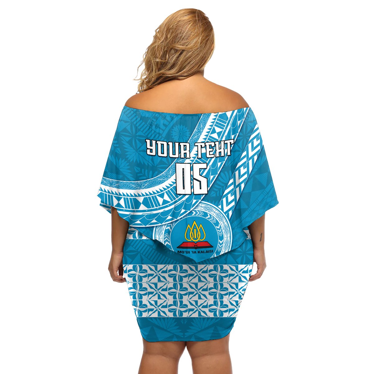 Custom Lavengamalie College Off Shoulder Short Dress Tongan Kupesi Pattern LT05 - Polynesian Pride