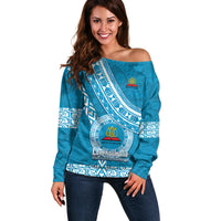 Custom Lavengamalie College Off Shoulder Sweater Tongan Kupesi Pattern LT05 Women Blue - Polynesian Pride