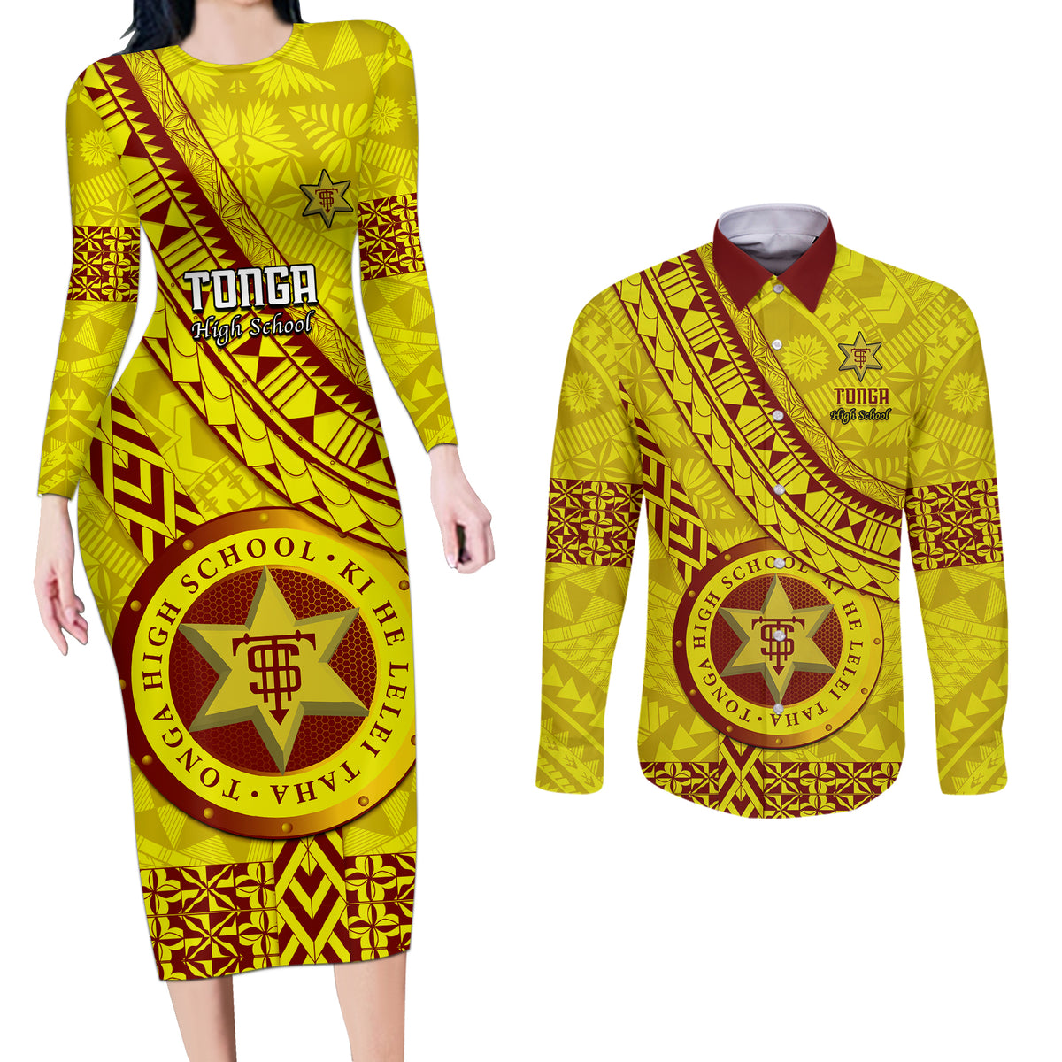 Custom Tonga High School Couples Matching Long Sleeve Bodycon Dress and Long Sleeve Button Shirts Tongan Kupesi Pattern LT05 Yellow - Polynesian Pride