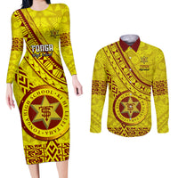 Custom Tonga High School Couples Matching Long Sleeve Bodycon Dress and Long Sleeve Button Shirts Tongan Kupesi Pattern LT05 Yellow - Polynesian Pride