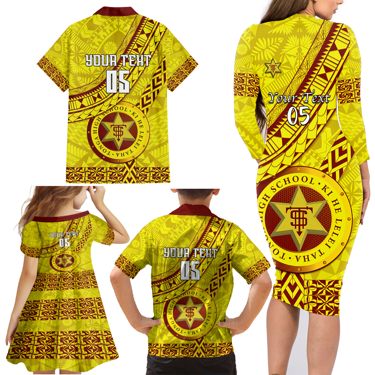 Custom Tonga High School Family Matching Long Sleeve Bodycon Dress and Hawaiian Shirt Tongan Kupesi Pattern LT05 - Polynesian Pride