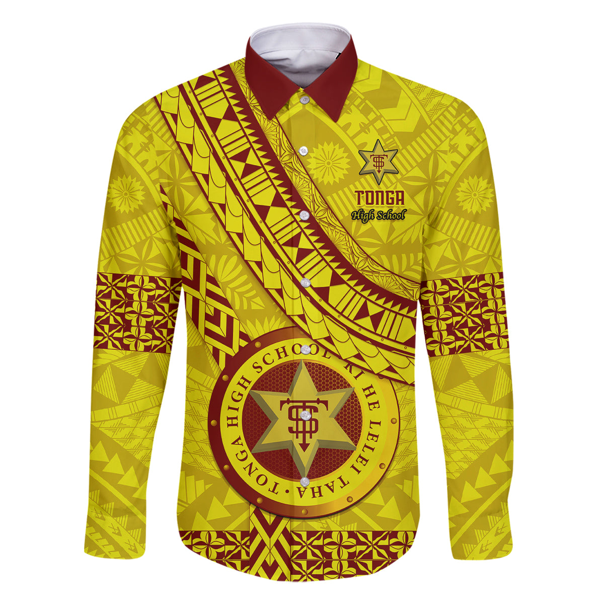 Custom Tonga High School Family Matching Mermaid Dress and Hawaiian Shirt Tongan Kupesi Pattern LT05 Dad's Shirt - Long Sleeve Yellow - Polynesian Pride