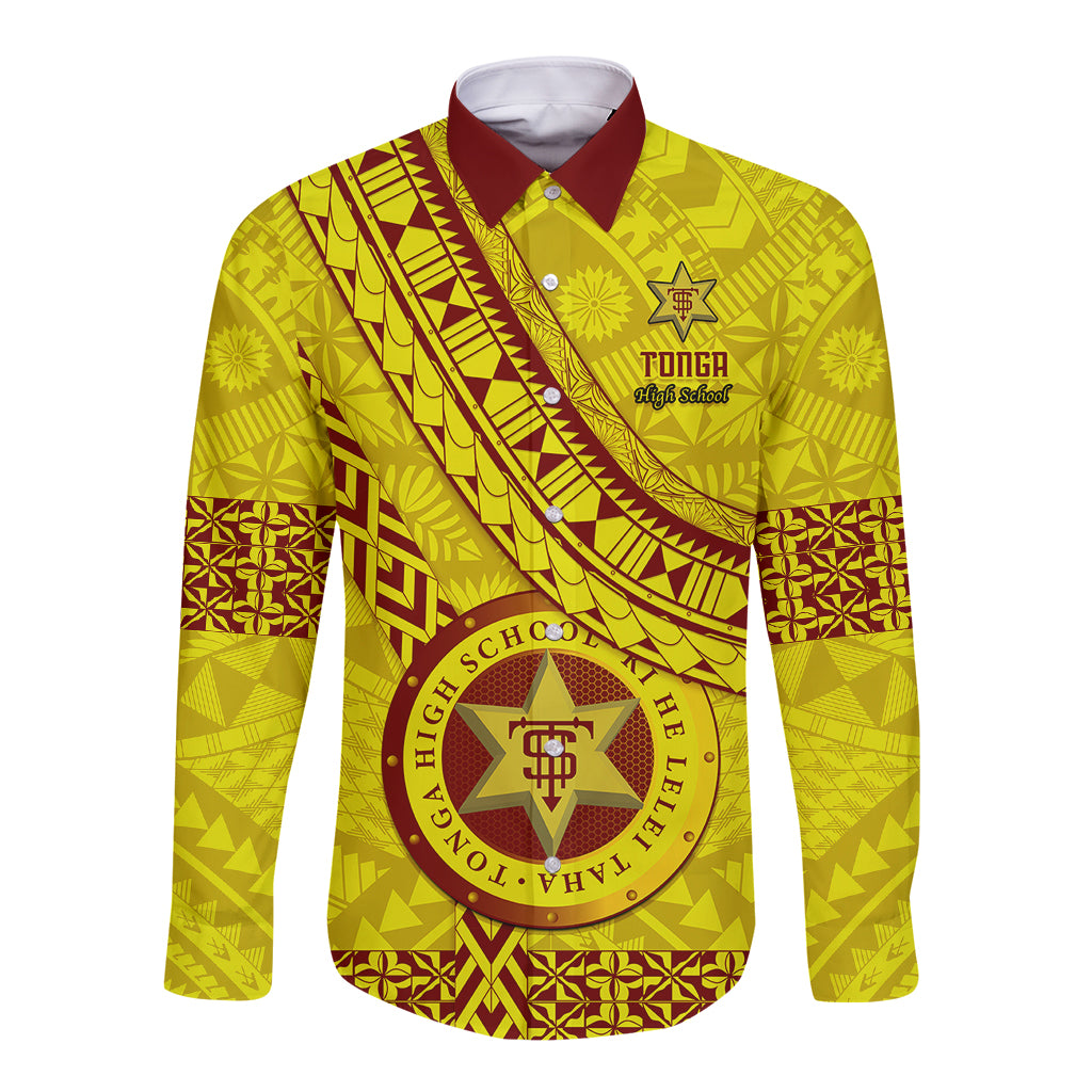 Custom Tonga High School Long Sleeve Button Shirt Tongan Kupesi Pattern LT05 Unisex Yellow - Polynesian Pride