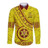 Custom Tonga High School Long Sleeve Button Shirt Tongan Kupesi Pattern LT05 Unisex Yellow - Polynesian Pride
