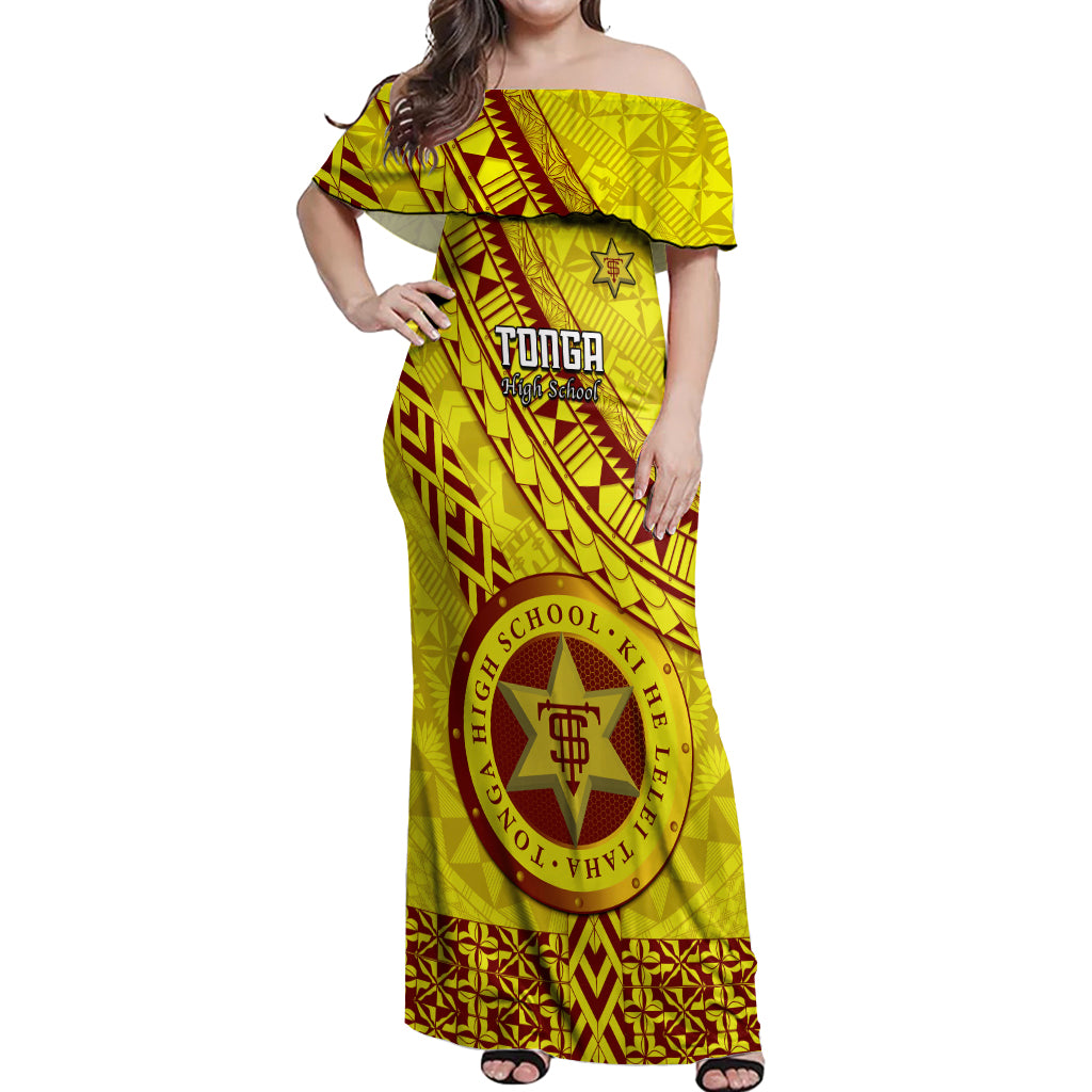 Custom Tonga High School Off Shoulder Maxi Dress Tongan Kupesi Pattern LT05 Women Yellow - Polynesian Pride
