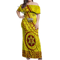 Custom Tonga High School Off Shoulder Maxi Dress Tongan Kupesi Pattern LT05 Women Yellow - Polynesian Pride
