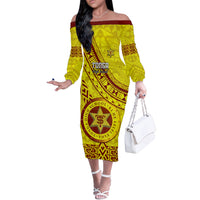 Custom Tonga High School Off The Shoulder Long Sleeve Dress Tongan Kupesi Pattern LT05 Women Yellow - Polynesian Pride