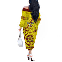 Custom Tonga High School Off The Shoulder Long Sleeve Dress Tongan Kupesi Pattern LT05 - Polynesian Pride