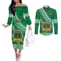 Custom Saineha High School Couples Matching Off The Shoulder Long Sleeve Dress and Long Sleeve Button Shirts Tongan Kupesi Pattern LT05 Green - Polynesian Pride