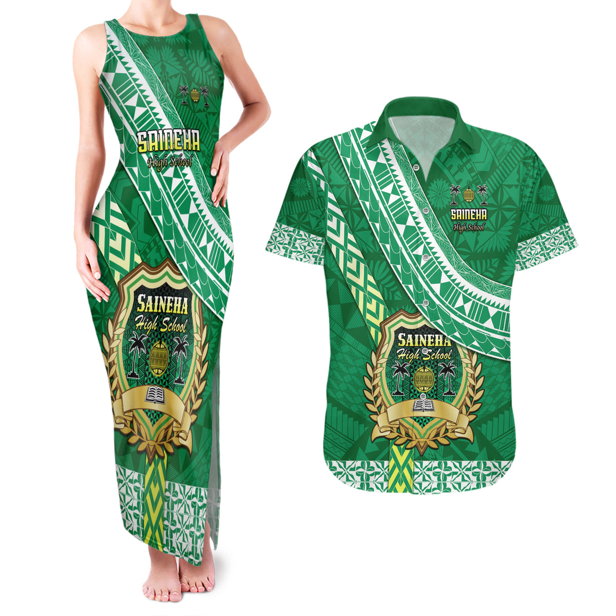Custom Saineha High School Couples Matching Tank Maxi Dress and Hawaiian Shirt Tongan Kupesi Pattern LT05 Green - Polynesian Pride