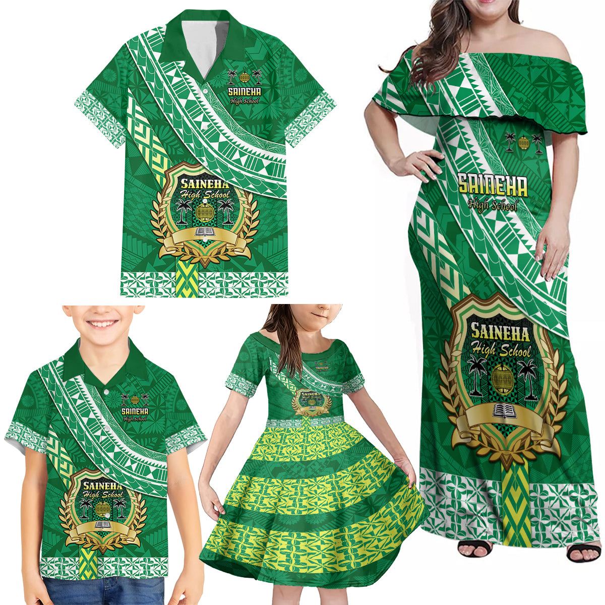 Custom Saineha High School Family Matching Off Shoulder Maxi Dress and Hawaiian Shirt Tongan Kupesi Pattern LT05 - Polynesian Pride