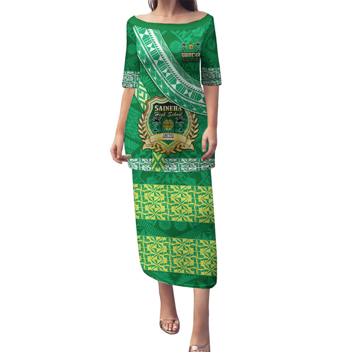Custom Saineha High School Family Matching Puletasi Dress and Hawaiian Shirt Tongan Kupesi Pattern LT05 Mom's Dress Green - Polynesian Pride