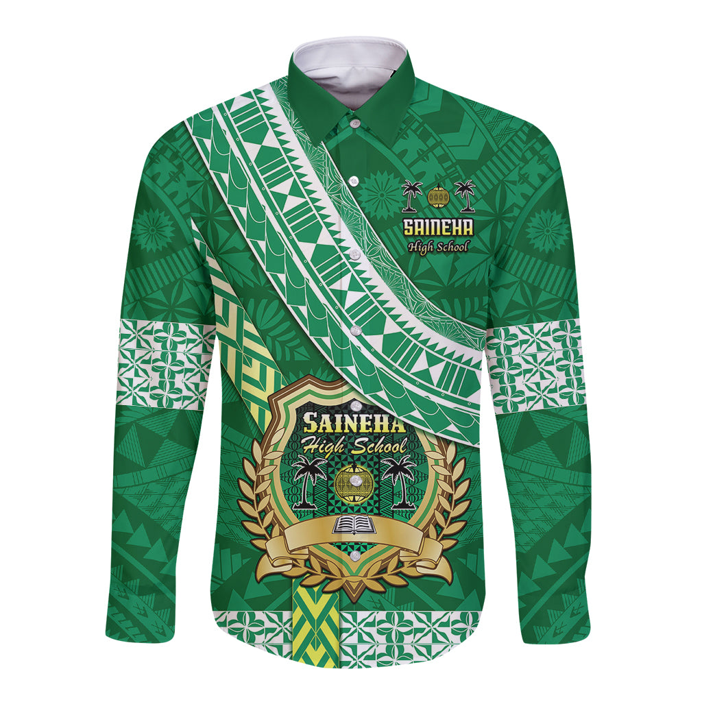 Custom Saineha High School Long Sleeve Button Shirt Tongan Kupesi Pattern LT05 Unisex Green - Polynesian Pride