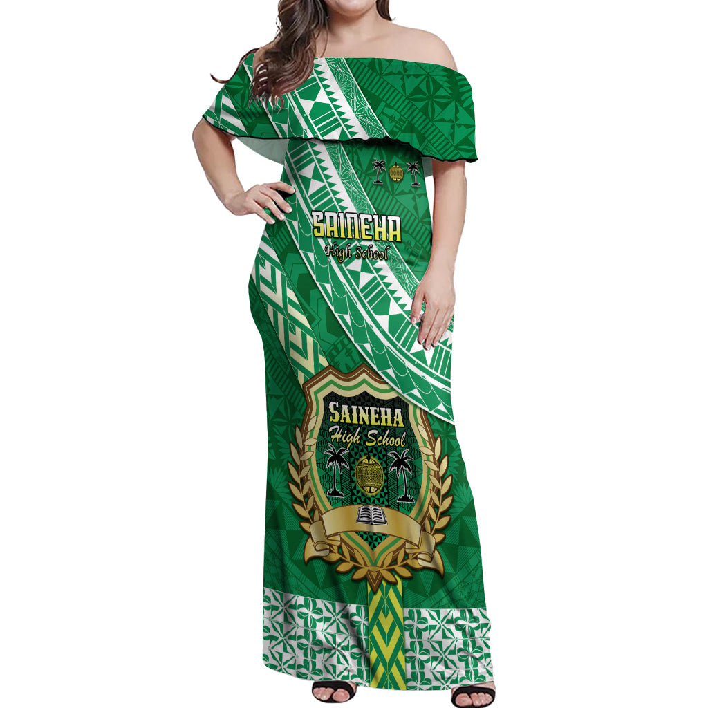 Custom Saineha High School Off Shoulder Maxi Dress Tongan Kupesi Pattern LT05 Women Green - Polynesian Pride