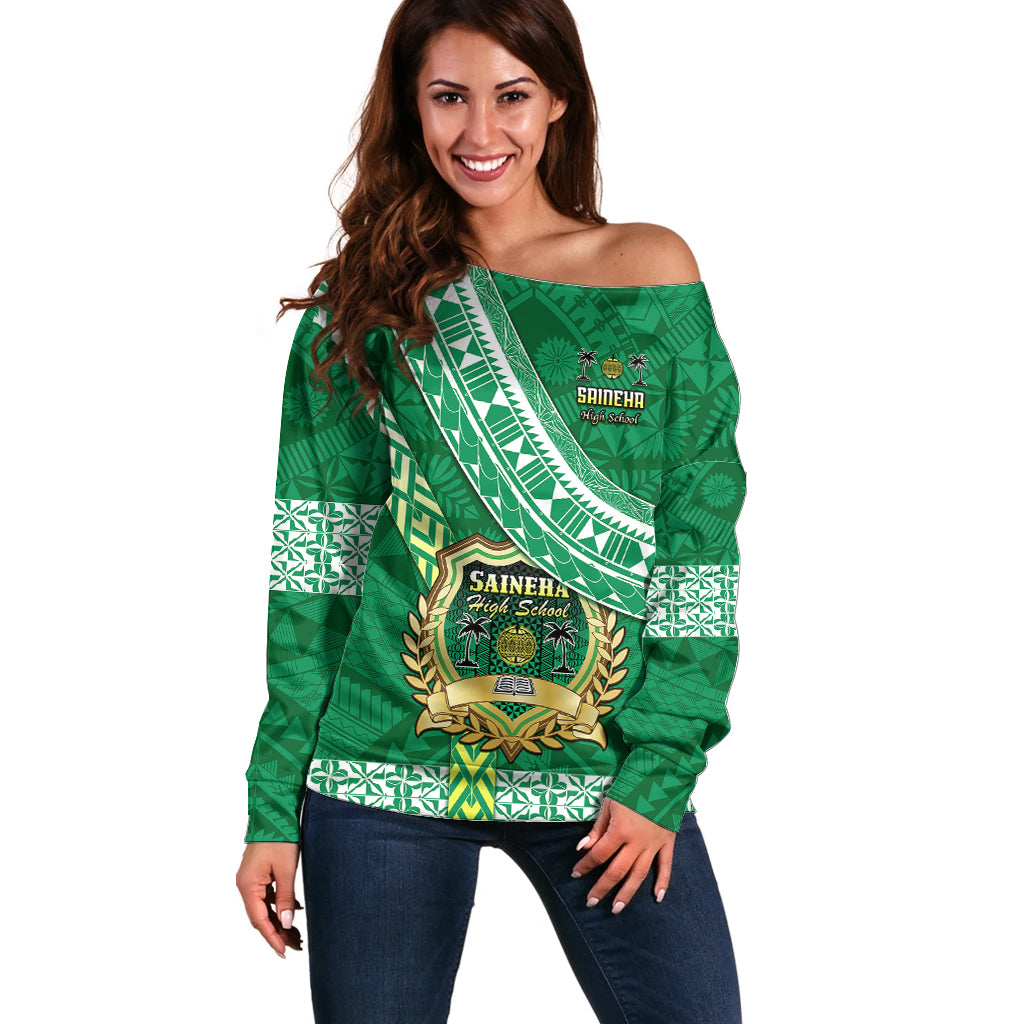 Custom Saineha High School Off Shoulder Sweater Tongan Kupesi Pattern LT05 Women Green - Polynesian Pride