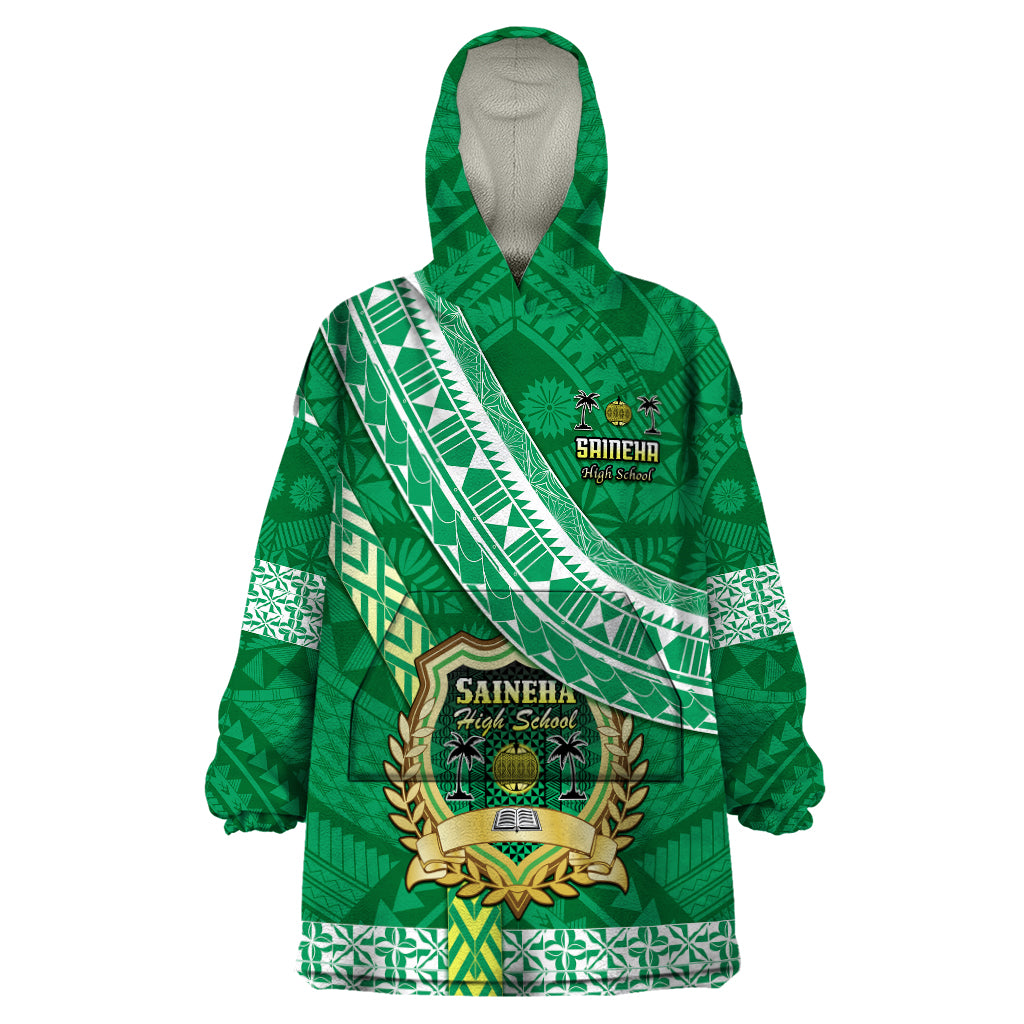 Custom Saineha High School Wearable Blanket Hoodie Tongan Kupesi Pattern LT05 One Size Green - Polynesian Pride