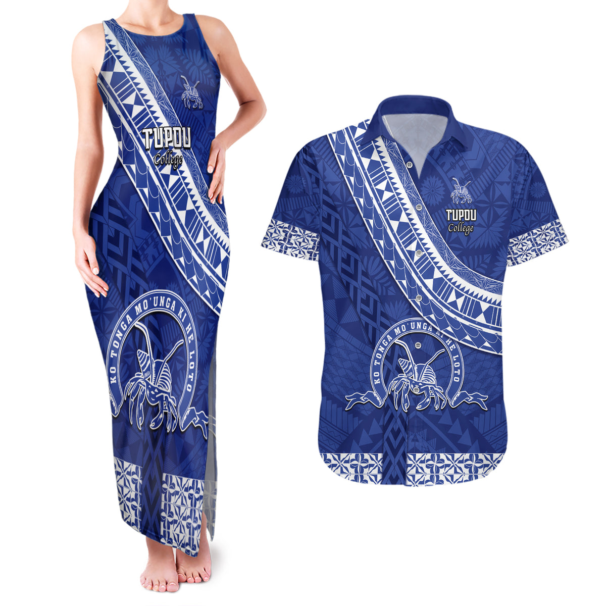 Custom Tupou College Couples Matching Tank Maxi Dress and Hawaiian Shirt Tongan Kupesi Pattern LT05 Blue - Polynesian Pride