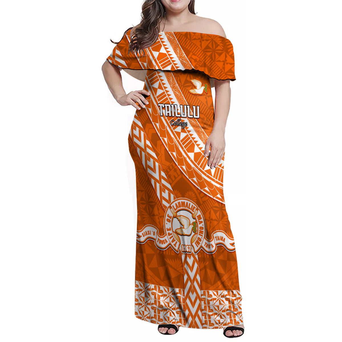 Custom Tailulu College Family Matching Off Shoulder Maxi Dress and Hawaiian Shirt Tongan Kupesi Pattern LT05 Mom's Dress Orange - Polynesian Pride