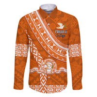 Custom Tailulu College Family Matching Tank Maxi Dress and Hawaiian Shirt Tongan Kupesi Pattern LT05 Dad's Shirt - Long Sleeve Orange - Polynesian Pride