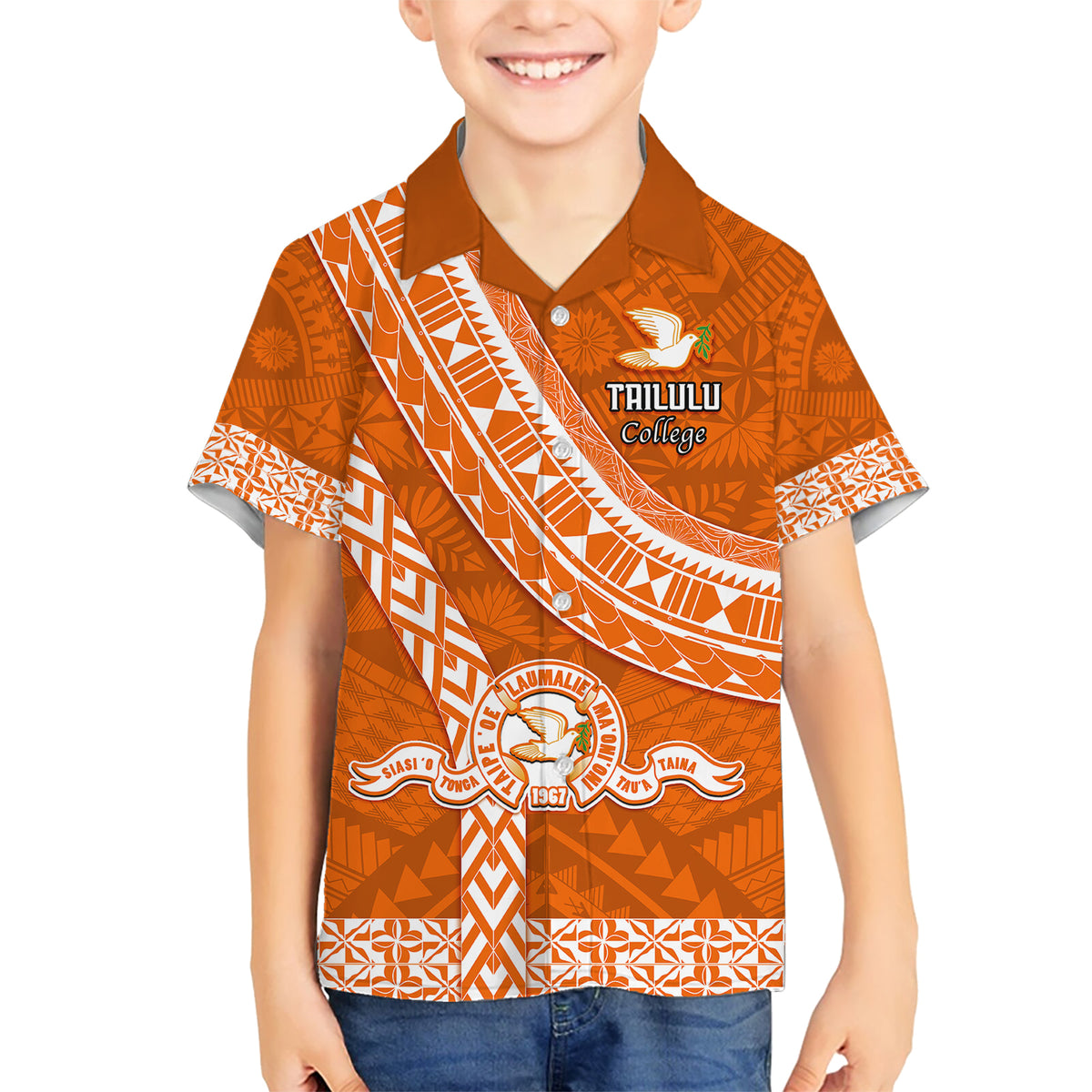 Custom Tailulu College Kid Hawaiian Shirt Tongan Kupesi Pattern LT05 Kid Orange - Polynesian Pride