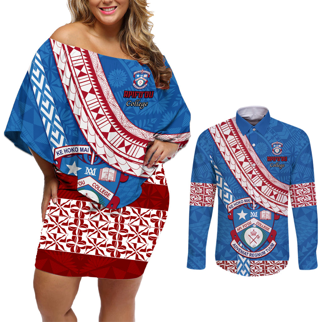 custom-apifoou-college-couples-matching-off-shoulder-short-dress-and-long-sleeve-button-shirts-tongan-kupesi-pattern