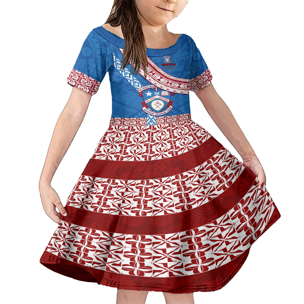 Custom Apifoou College Family Matching Off Shoulder Maxi Dress and Hawaiian Shirt Tongan Kupesi Pattern LT05 Daughter's Dress Blue - Polynesian Pride