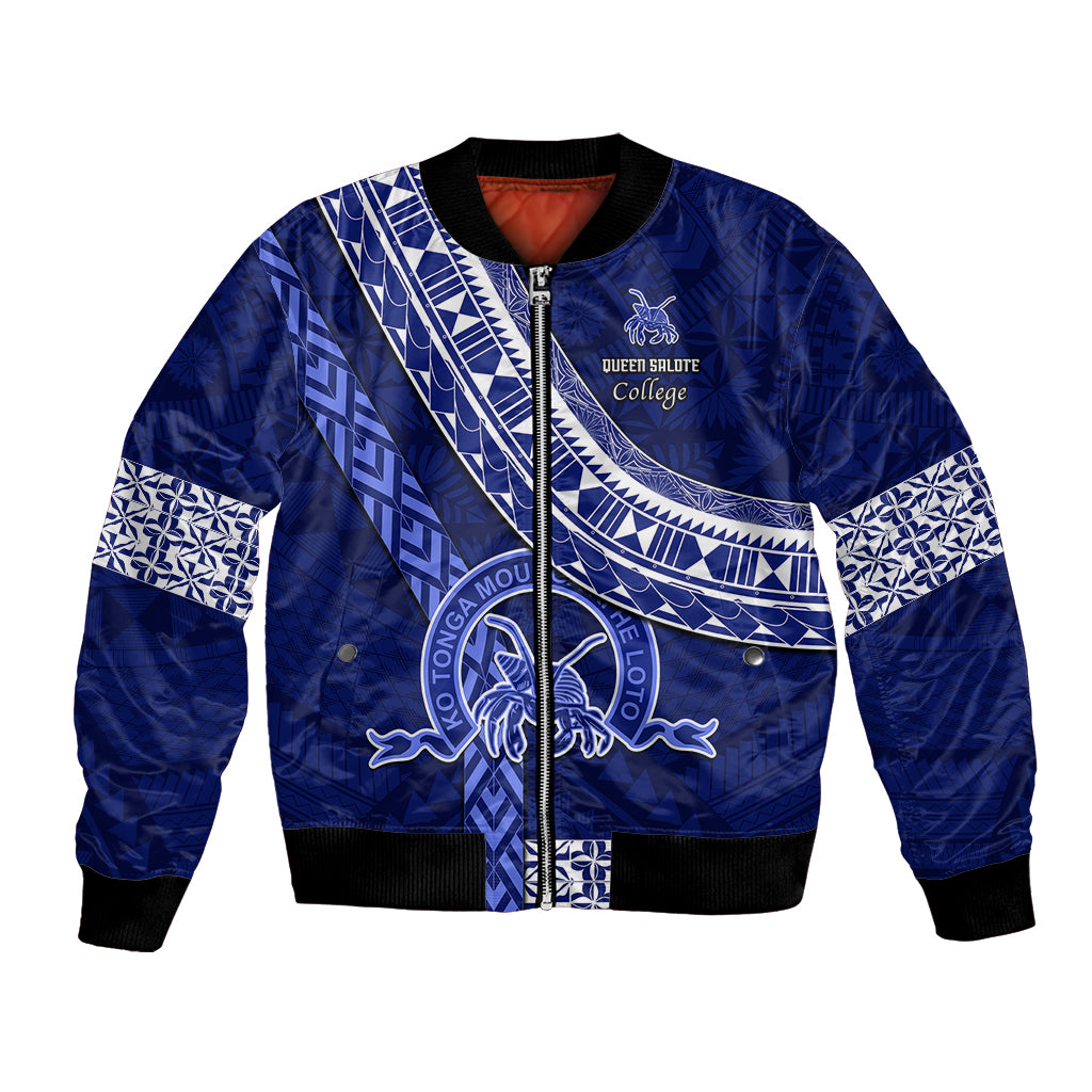 Custom Queen Salote College Bomber Jacket Tongan Kupesi Pattern LT05 Unisex Blue - Polynesian Pride
